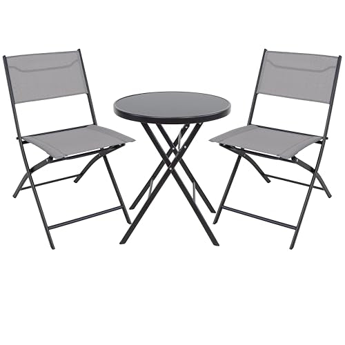 BTEXPERT 3-Piece Patio Bistro Dining Furniture Set Portable Folding Picnic Table Two Chairs Outdoor Foldable Gray for Backyard Porch Party RV Event Camping Commercial Grade Tempered Glass No Assembly
