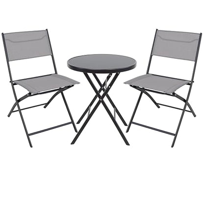 BTEXPERT 3-Piece Patio Bistro Dining Furniture Set Portable Folding Picnic Table Two Chairs Outdoor Foldable Gray for Backyard Porch Party RV Event Camping Commercial Grade Tempered Glass No Assembly