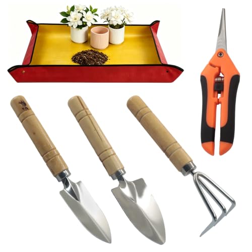 Orange Plant Repotting Mat, 5 Pack Succulent Tools | Mini Garden Small Gardening Tools, Pruning Shear Gardening Scissor Hand kit for Bonsai/Cactus/Fairy - color: Orange tools set