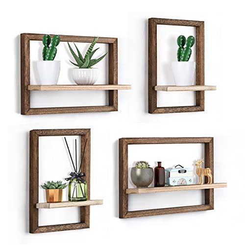 Floating Shelves for Wall Set of 4 Decorative Hanging Shelf | Square Wood Floating Shelf for Plant, Square Shelves Wall Mounted Bathroom, Bedroom, Living Room, Decor, 15 Inch Rustic Brown - color: Brown