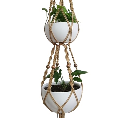 1 PCS 6 Legs Macrame Plant Hanger Jute Double Tiers Plant Hanger & Plant Holder with 6 pcs Round Brown Wood Bead, Hanging Planter 65-inches for 8 inch and 10 Inch Plant Pot (Without Pot)