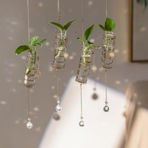 Glasseam 4 Pack Hanging Plant Propagation Stations with Crystal Suncatchers | Indoor Hydroponic Rooting Glass Planter for Pothos, Cuttings, Wall, Window, Home Decor, Handmade Gift for Women, Plant Lovers
