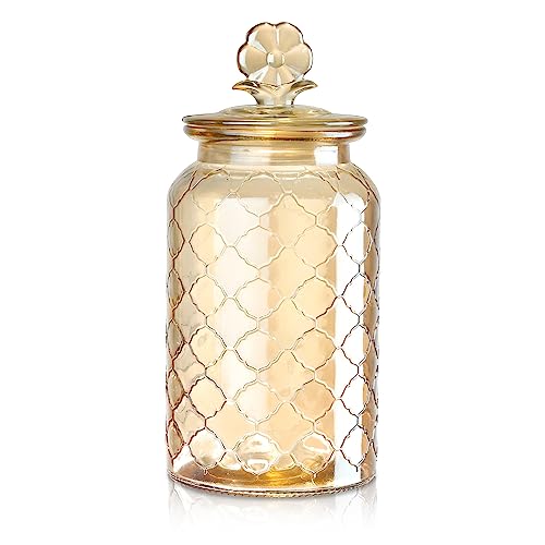 Joeyan 45 oz Amber Glass Storage Jar with Airtight Glass Lids, Vintage Embossed Food Container, Decorative Kitchen Canister Organizer for Candy, Flour, Coffee Bean, Pet Treats