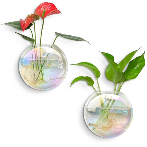 Kingbuy Wall Hanging Glass Planters Propagation Station - 2 Pack Iridescent Oblate Globe Flower Vases for Air Plants, Glass Terrariums with Floating Holders, Boho Indoor Hydroponic Home Office Decor - color: Iridescent, size: 2 Pack
