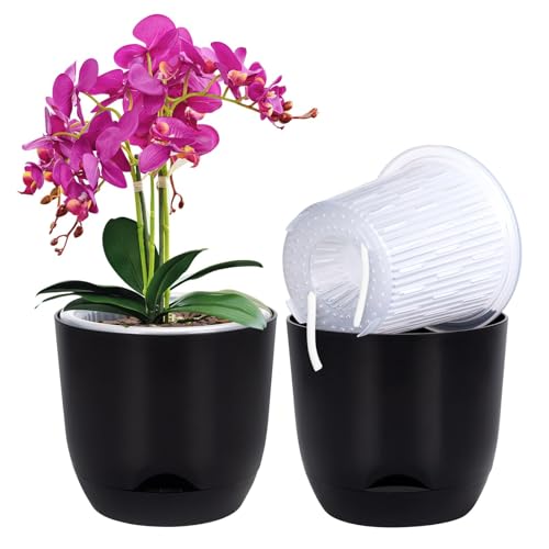 QCQHDU 7.2Inch Orchid Pots with Holes for Repotting, Double-Layer Plastic Self Watering Flower Pots for Indoor Plants with Drainage Holes, Clear Orchid Pot Match Decorative Orchid Container, 1Pack - color: Black, size: 1pack 7.2IN