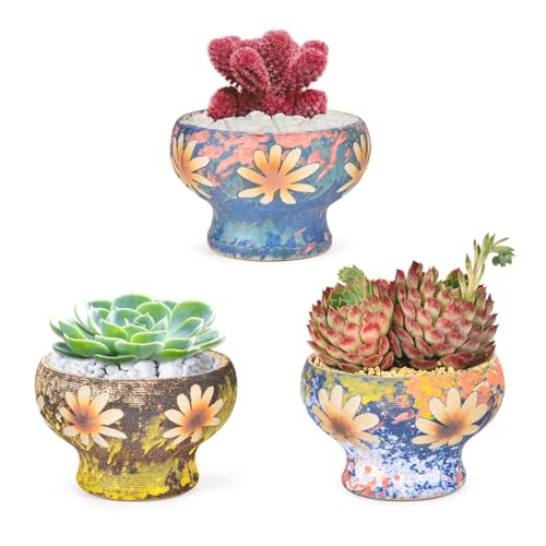Sungmor Small Succulent Planters Set of 3, Beautiful Hand Crafted Ceramic Plant Pots Cute Cactus Pot, 4.9 Inch Flower Pots for Indoor Plants with Drainage, Desktop Windowsill Home Office Decor Pots | Beautiful Hand Crafted Ceramic Plant Pots Cute Cactus P