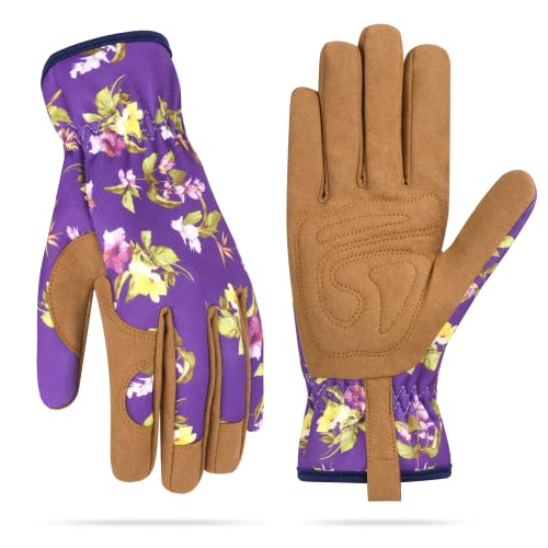 Womens Gardening Weeding Working Gloves, Leather Garden Glove for Women Thorn Proof No Stab for Digging, Planting,Pruning - color: Purple-medium