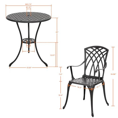 NUU GARDEN 3 Piece Patio Bistro Set, Cast Aluminum Patio Bistro Table and Chairs Set of 2 with Umbrella Hole, Outdoor Bistro Set for Patio or Backyard, Black - color: No Cushion