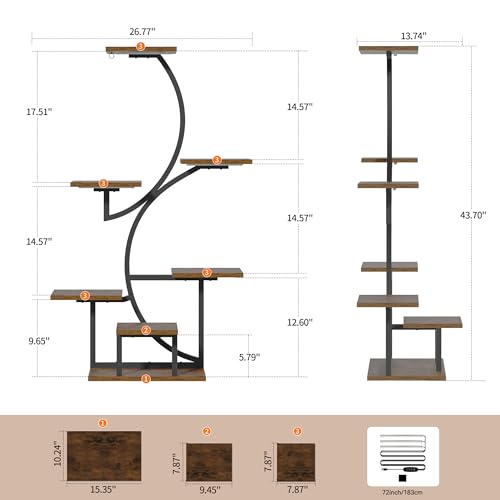 BACEKOLL Plant Stand with Grow Lights 7 Tier 44" S-Shaped Plant Shelf Black | 7-tier 44" S-shaped corner plant stand, 6 pot stands + 1 hanging area, full-spectrum grow light, sturdy iron, for living room