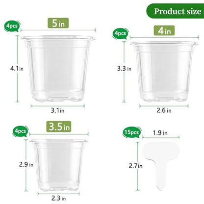 SupKing Clear Nursery Pots 5/4/3.5 Inch Plastic Seed Starter Plant Flower Pot with Drainage Holes for Transplanting Succulents Cuttings Seedlings 15 Labels (12Pcs) - size: 3.5/4/5 Inch
