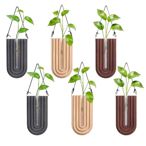 6Pcs Wall Mounted Plant Propagation Stations, Wood Wall Hanging Planters with Test Tube Socket, Modern Geometric Hydroponic Vase for Indoor Plants, Boho Decor for Room Office Entryway