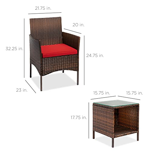 Best Choice Products 3-Piece Outdoor Wicker Conversation Bistro Set, Space Saving Patio Furniture for Garden w/Side Table - Brown/Red - color: Brown/Red