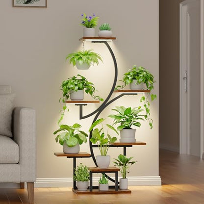 BACEKOLL Plant Stand with Grow Lights 7 Tier 44" S-Shaped Plant Shelf Black | 7-tier 44" S-shaped corner plant stand, 6 pot stands + 1 hanging area, full-spectrum grow light, sturdy iron, for living room