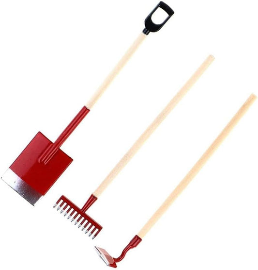 3Pcs Miniature Garden Tools 1:12 Mini Shovels and Rake Farm Tools Fairy Garden Furniture Dollhouse Accessories (Red) - color: Red