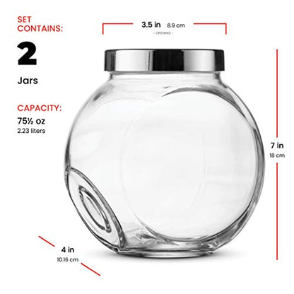 Bormioli Rocco Pandora Glass Candy Jar 75½-Ounce Cookie Jar (2 Pack) with Plastic Airtight Seal Lid 2-Way Display, Bulk-Food Storage Jar for Snacks, Dry Food, Jelly Beans Canister, Apothecary Jars.