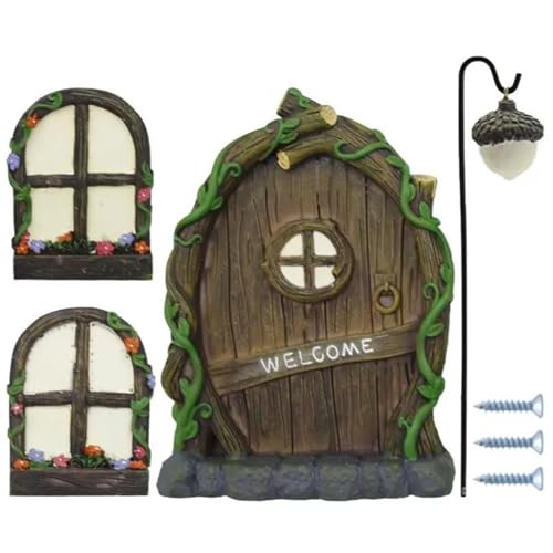 Buachois Fairy Door and Windows,Miniature Fairy Garden Accessories,Resin Glow Fairy Window Sculpture,Glow in Dark Gnome House for Kids Room, Wall and Trees Outdoor