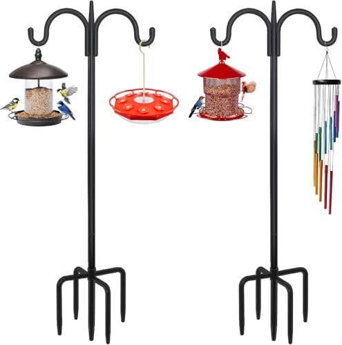 Small Shepherds Hook 2 Pack 63" Double Hooks Adjustable (47/63") - Metal 5-Prong Base, 12lb Capacity - Easy Assembly Bird Feeder Pole for Hanging Planters, Lanterns, Wind Chimes - size: 63 Inch(Pack of 2)