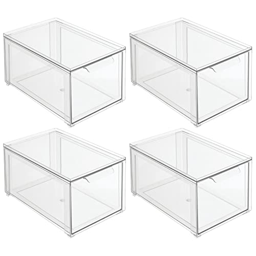 mDesign Plastic Stackable Bathroom Storage with Pull Out Bin Organizer Drawer for Cabinet, Vanity, Shelf, Cupboard, Cabinet, or Closet Organization - Lumiere Collection - 4 Pack - Clear - size: 8 x 12 x 6 (Pack of 4)