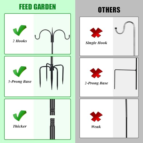 Heavy Duty Shepherds Hook 2 Pack 108" Double Hooks Adjustable (44/60/76/92/108") - Metal 5-Prong Base, 12lb Capacity - Bird Feeder Pole for Hanging Planters, Lanterns, Wind Chimes - size: 108 Inch(Pack of 2)