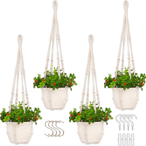 4 Pack Macrame Plant Hangers Indoor Set Large Crochet Hanging Holder, White - color: White