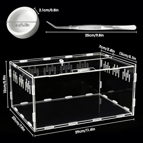 Acrylic Reptile Terrarium, Tarantula Enclosure(Tweezers & Bowl Included) | Reptile Tank with Magnetic Door for Spiders, Mantis, Frogs, Snails & Isopods, 11.4"x7.8"x5.9"