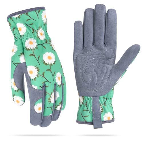 Womens Gardening Weeding Working Gloves, Leather Garden Glove for Women Thorn Proof No Stab for Digging, Planting,Pruning - color: Bright Green-medium