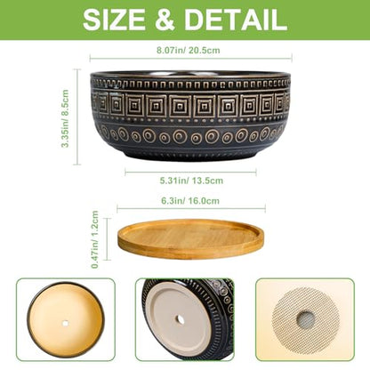 G EPGardening 8 Inch Ceramic Succulent Planter Pots for Indoor Plants Round Shallow Bonsai Planter Pot with Drainage and Bamboo Saucer, Black - color: Black