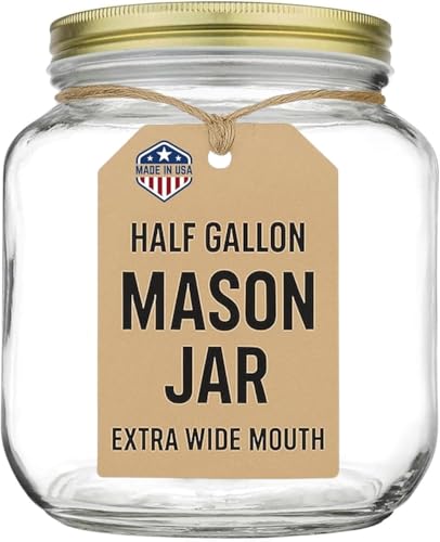 kitchentoolz Half Gallon Mason Jar Wide Mouth with Airtight Metal Lid - Safe for Fermenting, Pickling, Sourdough & Kombucha - Glass 64 oz Mason Jar - Made in USA - BPA Free - color: Gold Lid