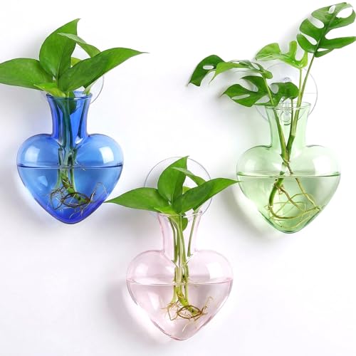 Zhehao 3 Pcs Hanging Propagation Vases Heart Shaped with Suction Cup | Heart Glass Vases for Hydroponics, Window Planter with Suction Cups, Terrarium Air Propagation Station for Home Decor