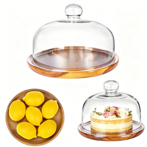 8 Inch Wooden Base Cake Display Stand with Glass Dome,Cloche Clear Glass Bell Jar Cover for Dessert Cheese Candy Plants Succulents（for Sizes up to 6.5 "） - color: 8 Inch （for Sizes Up to 6.5 "）