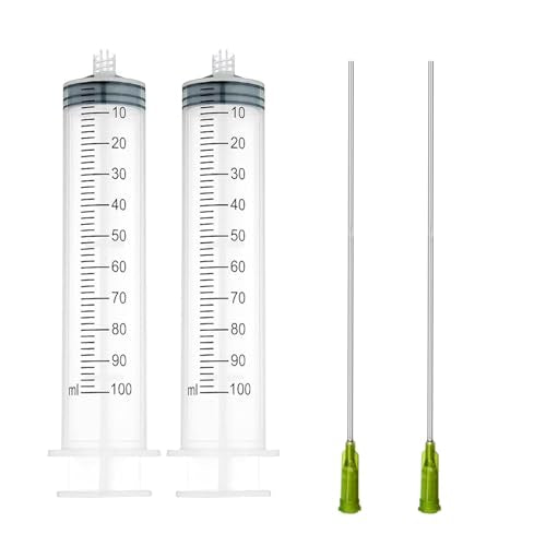 2 Set Syringe with Luer Lock 14Ga 4inch Needles for Oil Injector, Glue Dispensing Applicator, Scientific Labs, Watering, Refilling, Filtration (100ML) - size: 100ML