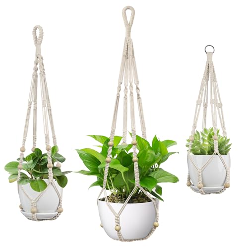 USLAI Macrame Plant Hanger, Fits 4 to 15 Inch Pots, 23+29+35 Inch, Ivory | Strong Hanging Plant Holder for Indoor Outdoor, Boho Home Decor (Pots Not Included) - color: Ivory, size: 35+29+23 Inch