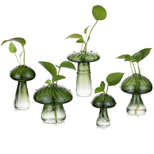 Glasseam Mushroom Glass Propagation Station, 5Pcs Green Plant Terrarium Jar | Handmade Small Hydroponic Planters for Indoor Pothos Cutting Propagate, Home Table Windowsill Decor, Gifts for Plant Lovers - color: Green, size: 5