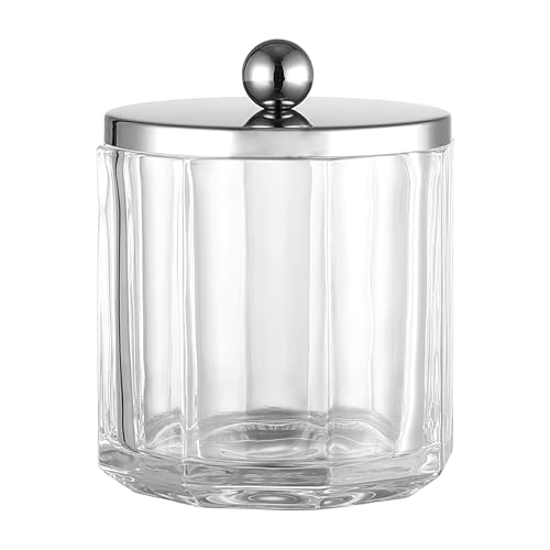 Clear Transparent Apothecary Octagional Shaped Glass Canister Jar With Silver/Chrome Metal Lid Cover for Bathroom Organization, Cotton Balls, Q Tips, and Small Accessories, Bath Storage - color: CLEAR GLASS SILVER LID