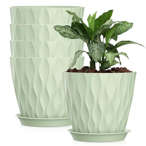 8 Inch Plastic Plant Pots,Set of 5 Flower Pots,Planters with Drainage Holes & Saucers, Indoor Outdoor Garden Pots for Home Decor(Green) - color: Green