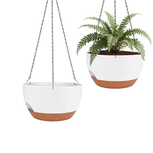 2 Pack 10 Inch Self Watering Hanging Planter for Indoor Outdoor Plants | Hanging Basket for Plants, Garden Home Decoration, Hanging Pot with Chains, Drainage Holes, Water Reservoir - color: White, size: 10 inch