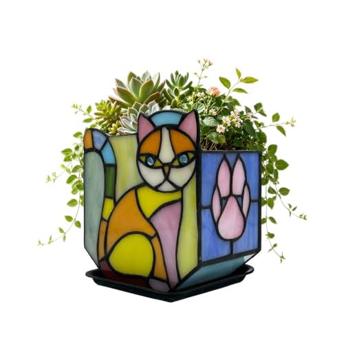 Tiffany Style Stained Glass Cat Planter Pot, Handmade Stained Glass Cat Succulent Flower Pot, Indoor Windowsill Home Decor, Unique Gift for Cat Lovers & Plant Parents - color: Orange-yellow