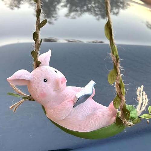 Reading Pig Garden Decor, 18 Inch Hanging Decoration with Leaf Cord, Pink Resin Pig Swing Statue, Cute Outdoor Gift for Patio, Tree Ornament - style: Reading Pig Swing