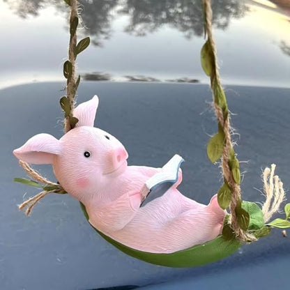 Reading Pig Garden Decor, 18 Inch Hanging Decoration with Leaf Cord, Pink Resin Pig Swing Statue, Cute Outdoor Gift for Patio, Tree Ornament - style: Reading Pig Swing