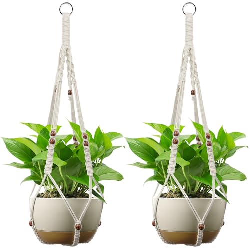 USLAI Macrame Plant Hanger, for Up to 15 Inch Pots, 35 Inch, White, 2 Pack - color: White