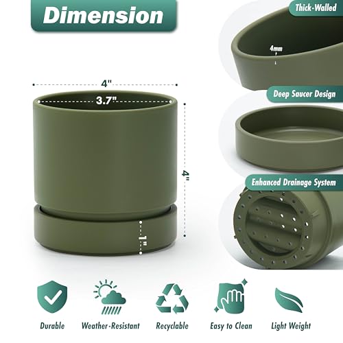 Phoenix Vine 4 Inch Planter Pot with Drainage Hole & Saucer, Deep Water Catch Tray, Straight Cylindrical Round Pot for Plants, Olive, Pack of 4, 23-D-R-4 - color: Olive, size: 4" (4 Pack)