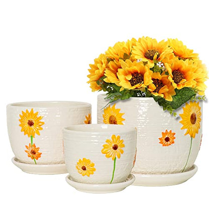 Ceramic Plant Pots,Sunflower Planters with Drainage Holes & Matching Saucer | Ceramic Flower Pot for Indoor Plants | Medium Plant Pots | Cute Herb Planting Pots | Hand-Painted Sunflower Design Pots - color: White and Yellow