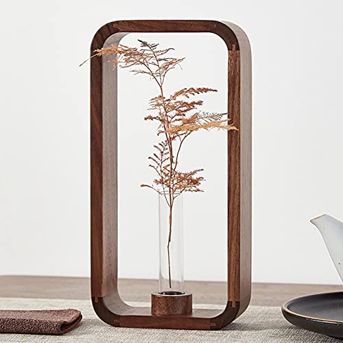 Transprent Glass Vase Test Tube Hydrophilic Plants Holder Walnut Wooden Frame Flower Stand Table Garden Bonsai Decor,Gifts for Women, Home Office Decor Planter (Big) - size: Large