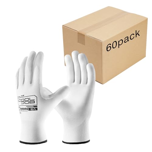 COOLJOB 60 Pairs Safety Work Gloves Pack Bulk with Grip PU Coating - color: White, size: Small (Pack of 60)