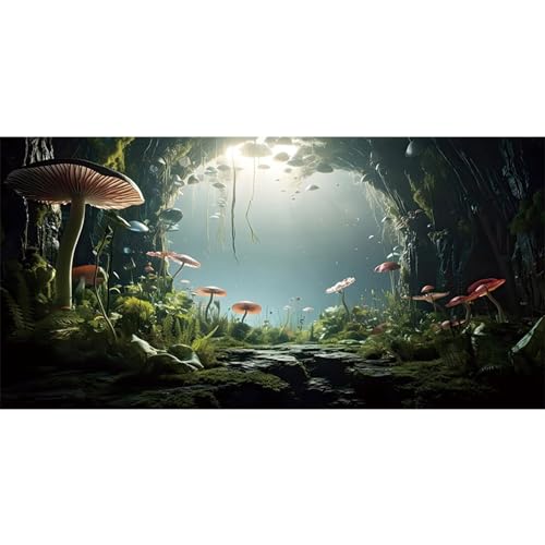 AWERT 36x24 inches Aquarium Background Foggy Stone Mushroom Moss Terrarium Background Polyester Green Plants Cave Fish Tank Background - size: 36x24in/90x60cm