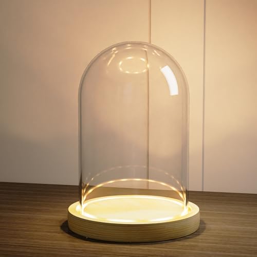 Glass Cloche Dome with Wooden LED Light Base, 4.53" D x 6.89”H Clear Bell Jar Display Dome, Countertop Glass Cloche Display Case for Labubu, Figurines, Keepsakes, Plants, Ideal Gifts - color: Lighted Base - Wood Color, size: 4.53"D x 6.89"H
