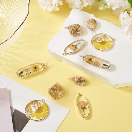 Natural Dried Pressed Flower Charms Geometric Shape Dried Flower Resin Charms Epoxy Resin Floral Pendants for DIY Crafts Necklace Earring Keychain Jewelry Making - color: Yellow