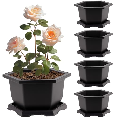 PINGEUI 4 Pack Plastic Bonsai Pot, 7.5 Inches Bonsai Training Pots with Drainage Humidity Tray, Large Bonsai Plant Tree Pots for Garden, Yard, Balcony