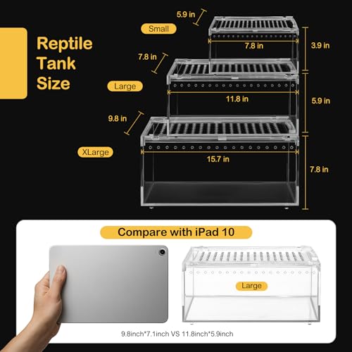 XLarge Reptile Tank Starter Kit,Escape Proof Tarantula Enclosure | Hermit Crab Habitat,Spider Terrarium for Baby Leopard Gecko Vivarium,Bearded Dragon Cage,Insect House,Lizard Cribs Container - size: XLarge(15.7x9.8x7.8inch)