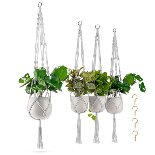 Sorbus Macrame Plant Hanger [4 Pack] Indoor Outdoor Hanging Plant Pots Cotton Rope, Elegant for Home, Patio, Garden - color: White, size: 4 Pack